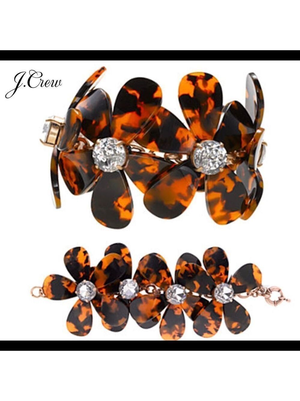 J.CREW Brown tortoise shell flower crystal rhinestone gem bracelet